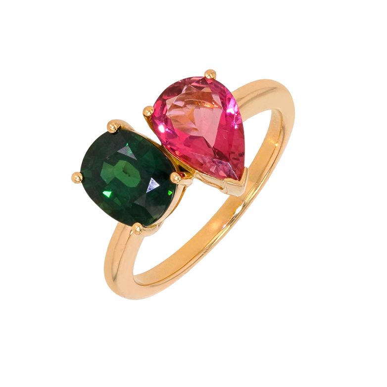 Bague Toi & Moi saphir 1.89 carat et tourmaline 1.40 carat or jaune 4.65g Comme neuf -  reconditionné disponible sur Gemme Les Bijoux